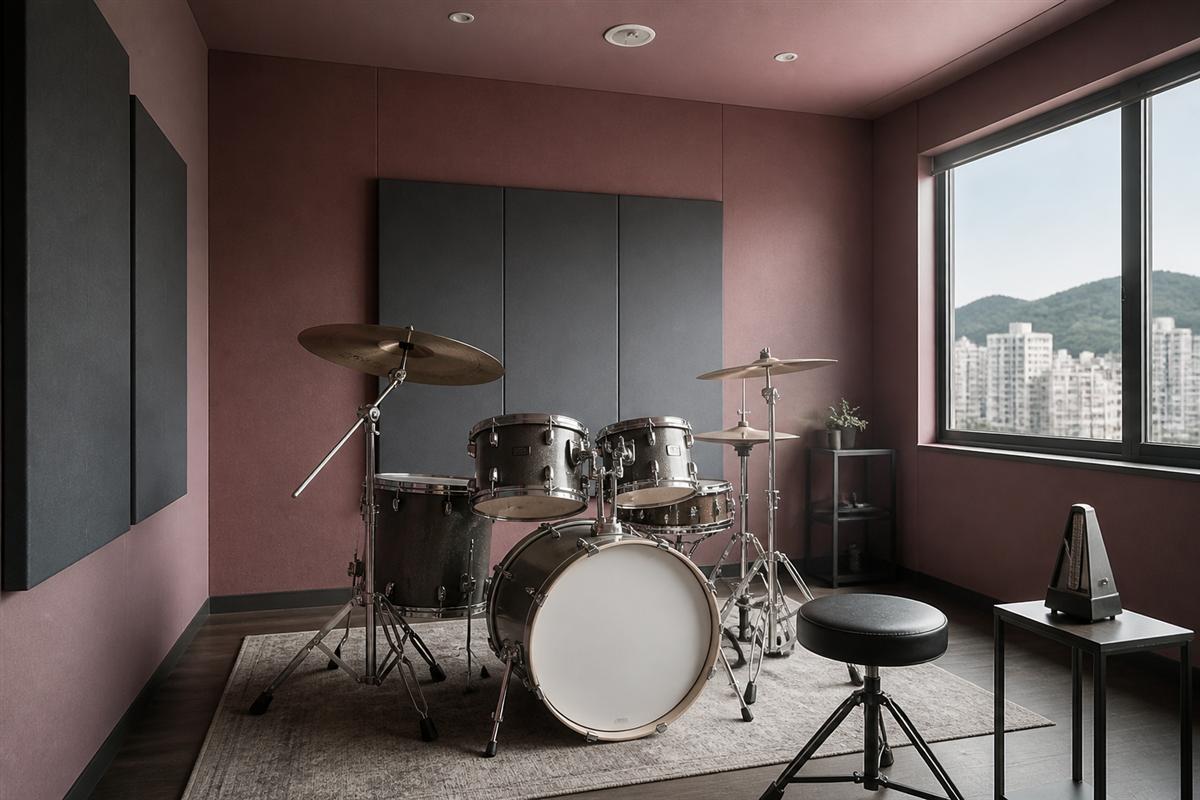 Drum kit under soft overhead light with cymbals ready for a session
