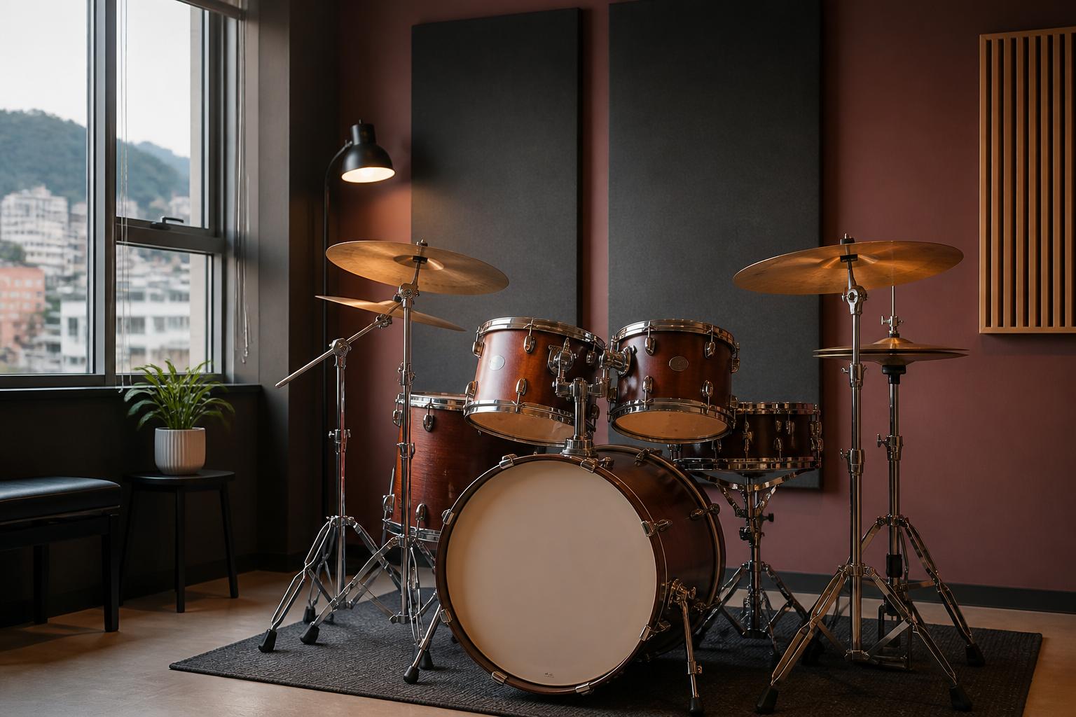 Acoustic drum kit with warm wood shells in the Illuminvok room on East Sixth